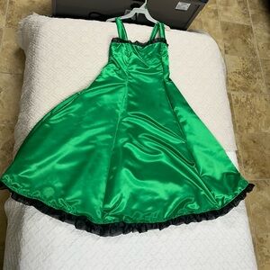 Girls Emerald Satin Party Dress with Black Trim - Kids Costume